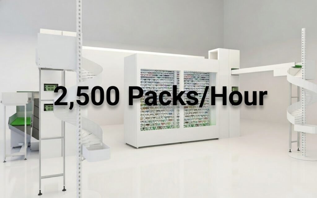 AutopharmX automated dispensing machine with a high-speed capacity of 2500 packs per hour.